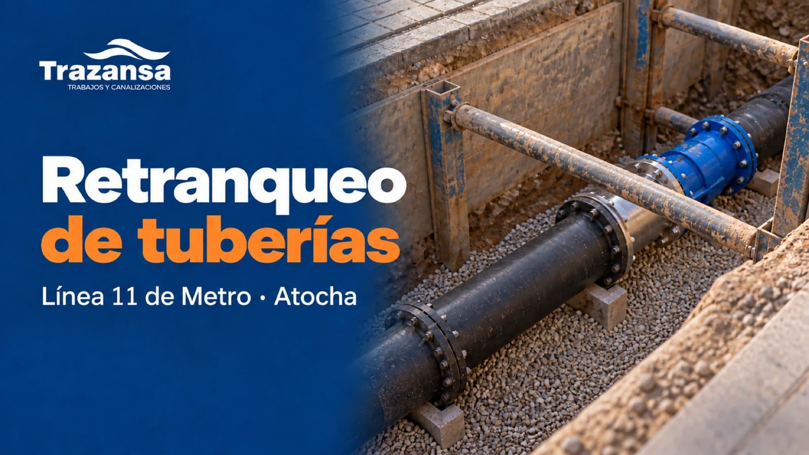Portada con el logo de Trazansa y el titular «Retranqueo de tuberías — Línea 11 de Metro · Atocha» sobre fondo azul, junto a una recreación ilustrativa de una conducción con uniones embridadas y una pieza azul en el fondo de una zanja entibada